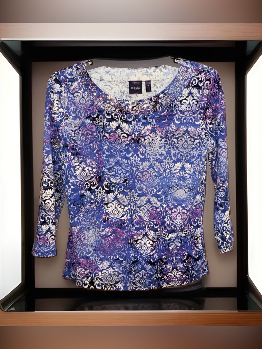 Rafaella Purple & Blue Damask Scoop Neck Long Sleeve Top w/Embellishments—M-EC